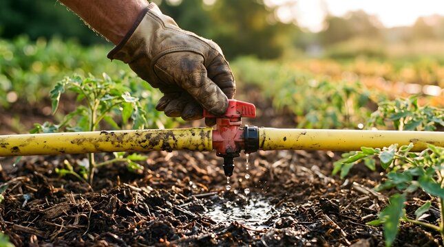 Farmer Gloved Hand Adjusting Blue Drip Irrigation Valve with Water Droplets on Soil