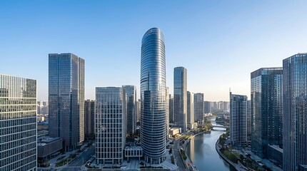 Fototapeta premium Aerial view of a modern city skyline with towering skyscrapers and a winding river under a clear blue sky, representing urban development