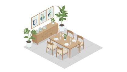 Obraz premium Isometric dining room design with wooden table chairs sideboard and leafy plants near wall art.