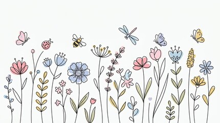 Obraz premium Delicate hand-drawn meadow flowers with butterflies and dragonflies.