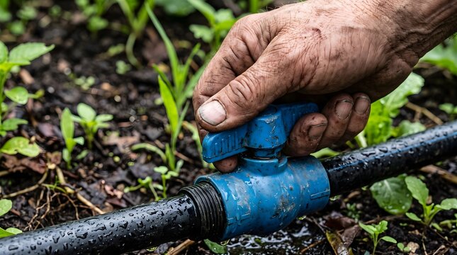 Weathered Hand Holding Blue Plastic Valve Fitting with Water Droplets on Pipe