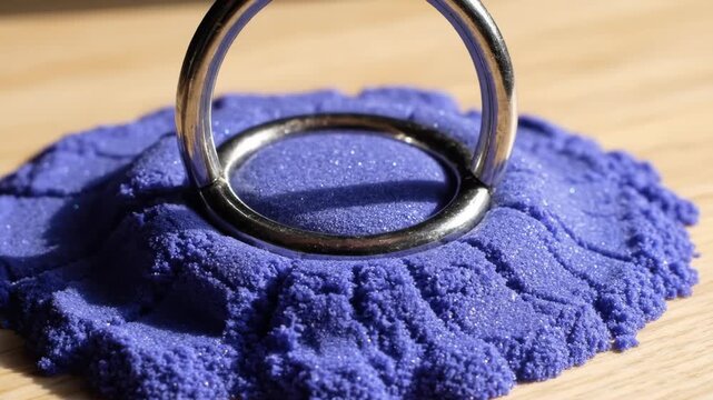 Metallic Ring Pressing Into Soft Purple Kinetic Sand, ASMR Sensory Texture Exploration.