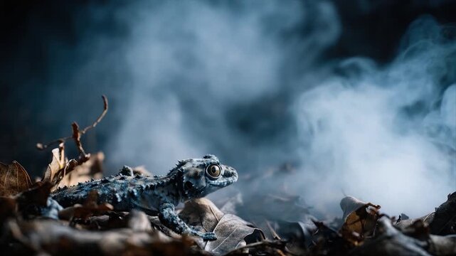 A small lizard amidst dry leaves, with smoky vapor in the background. Moody and naturalistic