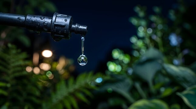 Water Droplet Falling from Drip Connector Under Night Lighting Closeup