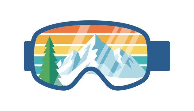 Ski mask lens showing a cold mountain terrain and a tall tree with a sunset colored sky behind.