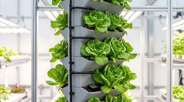 Vertical Hydroponic Tower with Drip Pipes Feeding Lettuce Plants in Sustainable Farming System