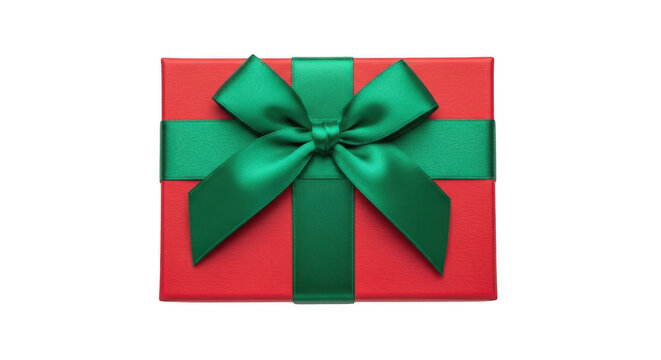 Red gift box with green ribbon isolated on transparent background