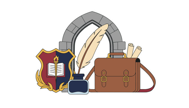University themed composition with a gothic archway, shield crest, burning torch, open book, quill, inkwell, and leather briefcase.