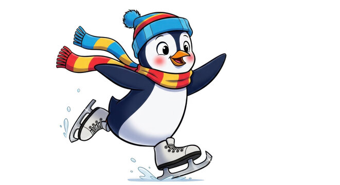 Cute penguin ice skating in winter isolated on transparent background