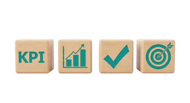 Wooden cubes with business icons isolated on transparent background