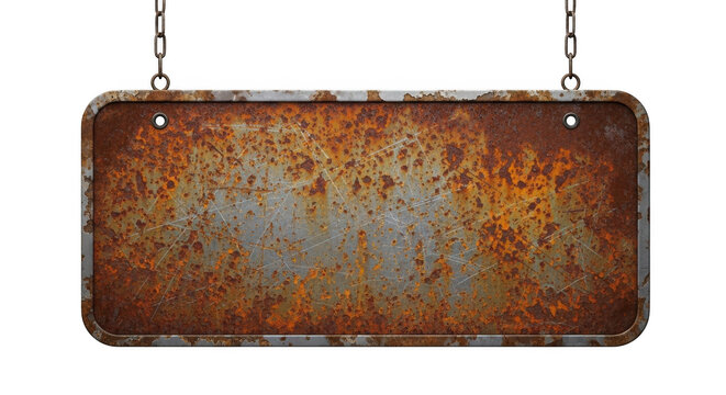 Rusty metal sign hanging by chain isolated on transparent background