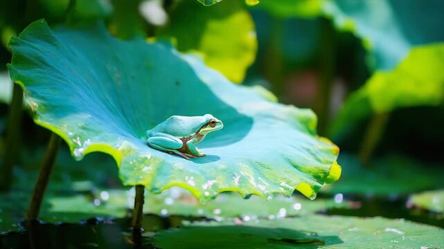 A vibrant turquoise frog perches on a large lotus leaf amidst a watery environment