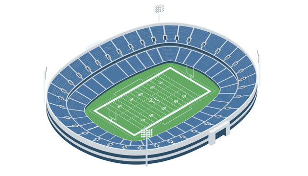 Oval shaped sports stadium with blue seating, floodlights, and a clearly marked green football field in isometric projection.