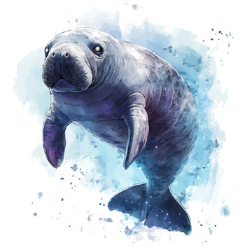 Manatee watercolor painting, semi-realistic fantasy artwork, realistic details with magical touch, white background