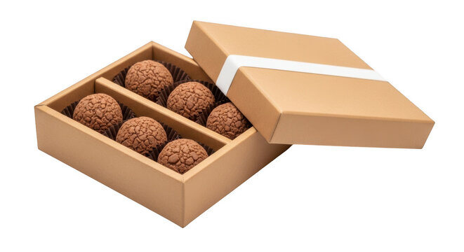 Box of brown chocolate truffles isolated on transparent background
