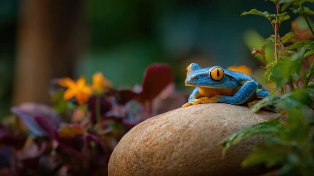 A vibrant blue frog with orange eyes rests on a stone, surrounded by lush green foliage