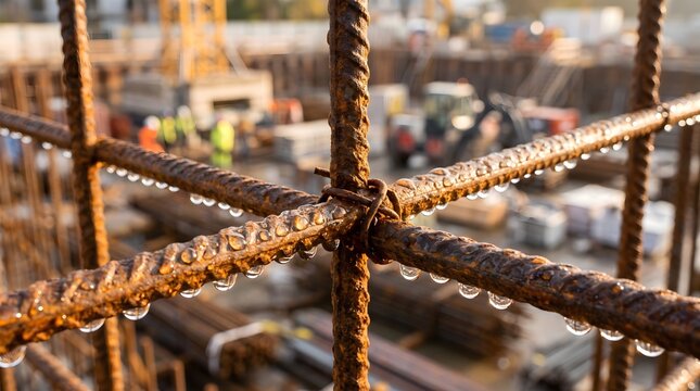 Rusted Rebar Grid Pattern with Fresh Water Droplets at Blurred Construction Site
