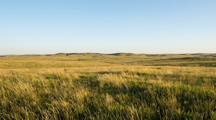 Obraz premium Expansive golden grasslands stretching into the horizon under a clear blue sky, with gentle rolling hills in the distance, capturing the serene beauty of an untouched natural landscape at sunset
