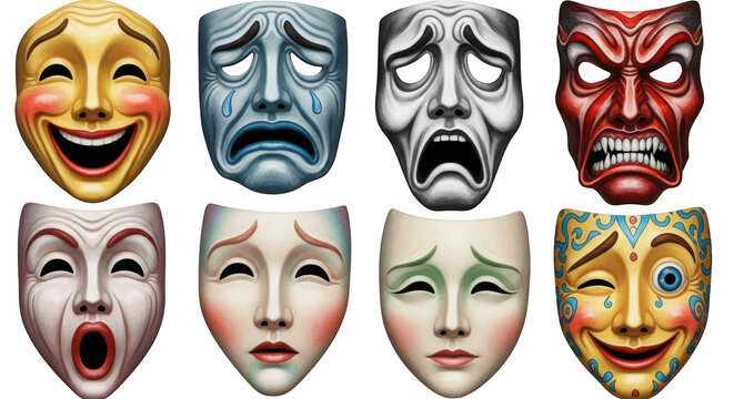 Set of colorful theater masks isolated on transparent background