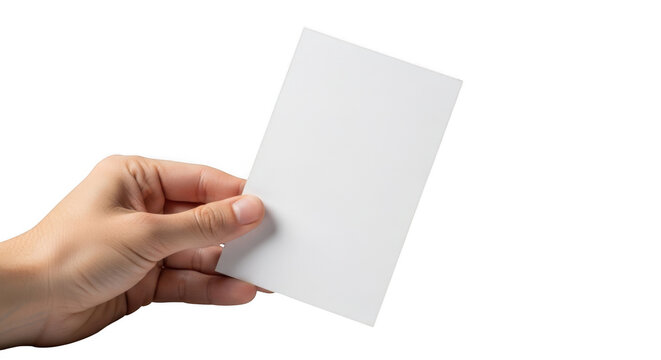 Hand holding a blank paper card isolated on transparent background