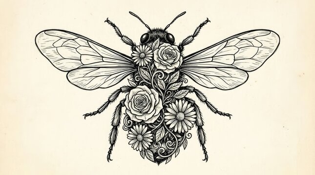 Detailed black and white bee line art with flowers.