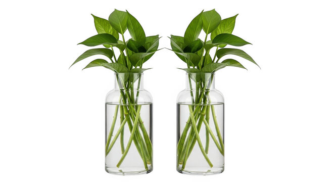 Two green plants in glass bottles isolated on transparent background