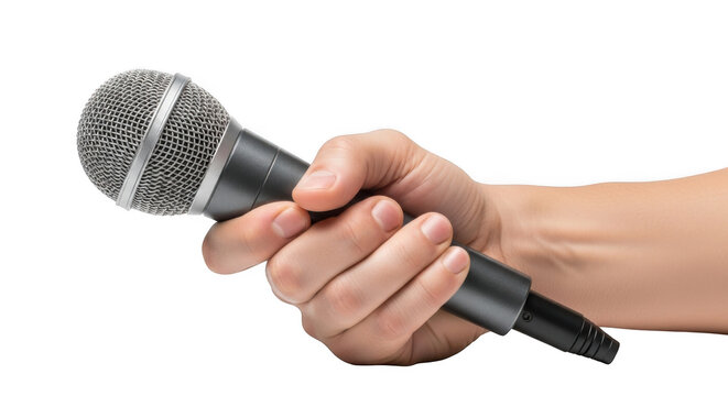 Hand holding a silver microphone isolated on transparent background