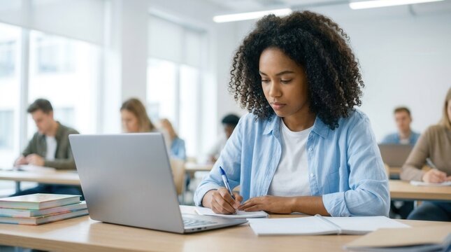Focused student girl working on a laptop and taking notes in a school classroom.