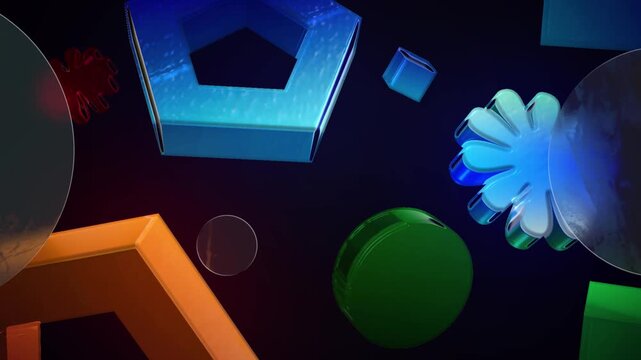 3D abstract geometric background colorful glossy glass shapes floating loop around central copy space