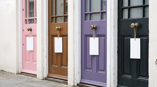 Row of Colorful Doors with Blank White Hanging Tags Minimalist Real Estate Concept