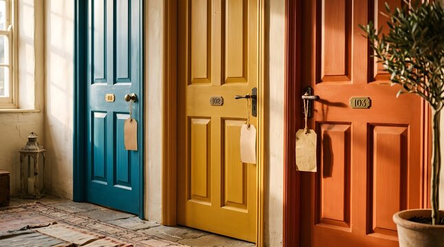 Three Colorful Doors with Hanging Room Tags Cozy Boutique Hotel Entrance Concept