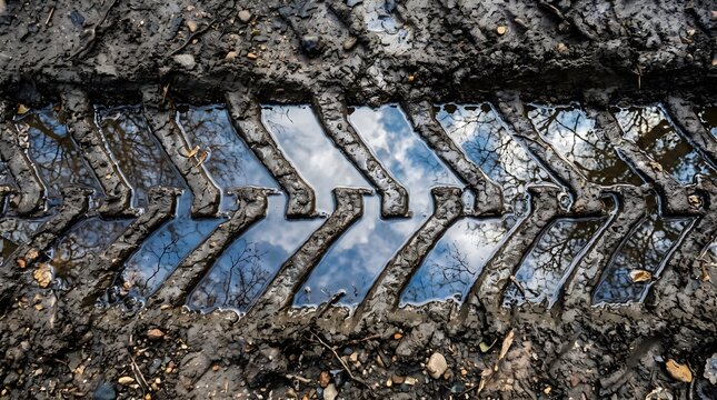 Rainwater Reflecting Sky in Muddy Tire Track Grooves Natural Outdoor Texture