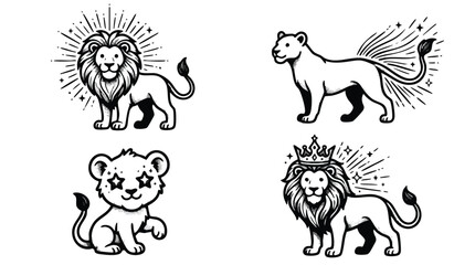 Obraz premium Hand Drawn Lion and Cub Vector Illustration Set