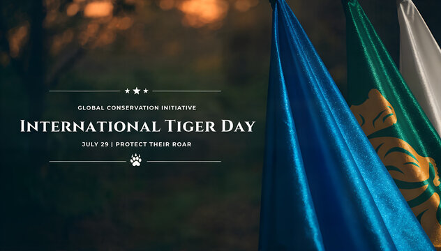 International Tiger Day graphic promoting conservation and protection of tigers. Features flags and text about the global initiative