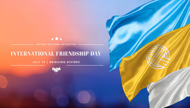 International Friendship Day celebrated with colorful flags against a sunset sky