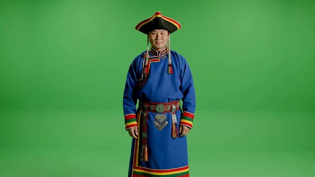 Traditional Sami-Inspired Clothing With Man Standing Against Green Screen Background for Cultural Representation and Heritage Display