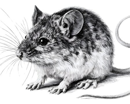 Detailed Black and White Engraving of a Small Mouse with Prominent Whiskers