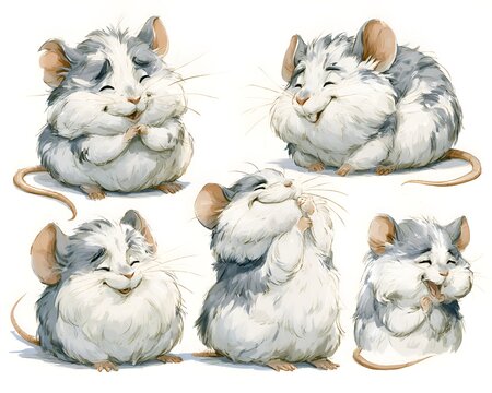 Adorable group of happy laughing mice illustrations in various joyful poses