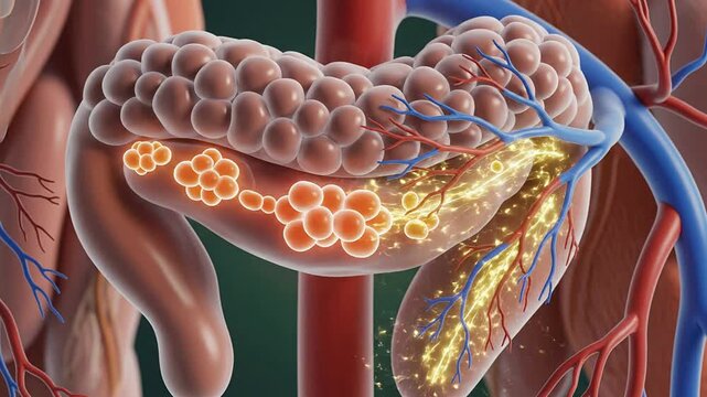 Transparent Pancreas Showing Beta Cell Regeneration Concept in Vibrant Medical Background with Blood Vessels and Cellular Activity