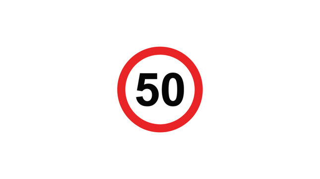 Speed limit road sign with number fifty on white background