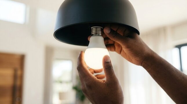 A person's hands carefully screwing in a bright LED lightbulb.