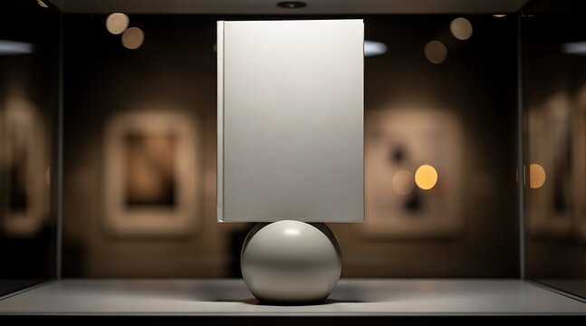 Blank white book mockup standing on a sphere in a museum display case for exhibition presentation
