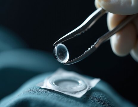 Surgeon holds clear intraocular lens with surgical tweezers before eye cataract surgery. Medical pro prepares artificial implant for vision correction procedure in sterile clinic environment. Small