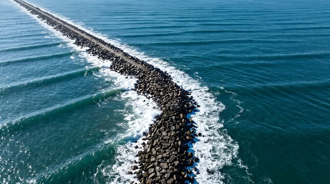Long jetty rock extension into deep blue ocean waves