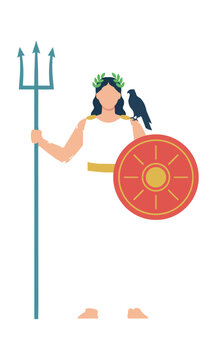 Ancient female warrior goddess holding a trident and shield with a falcon on her shoulder in a flat minimalist style isolated on white mythology concept