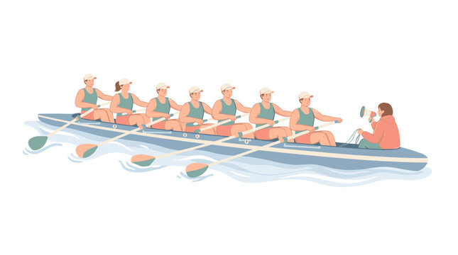 Eight person rowing team practicing synchronized strokes in a competition boat with a coxswain directing them