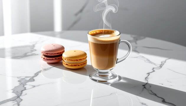 Coffee and macaroons on marble table.