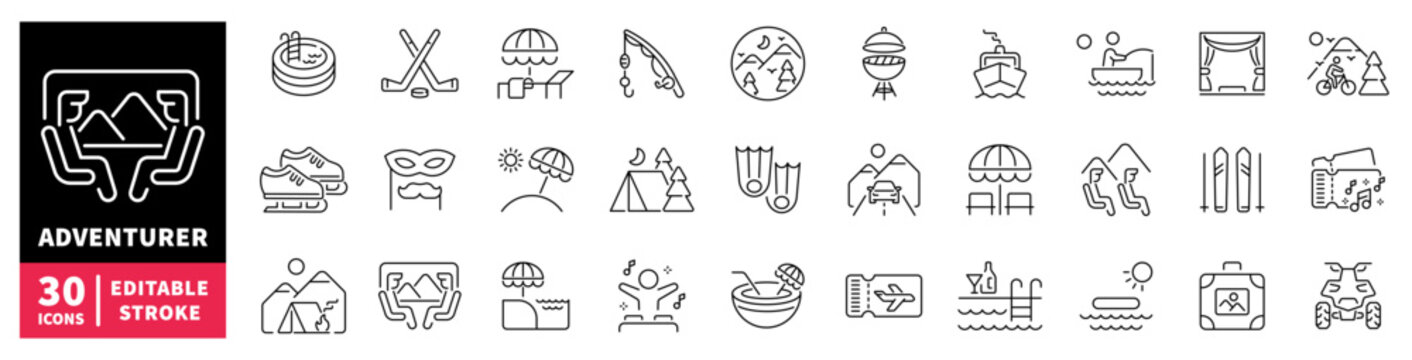Collection of adventure and leisure icons for travel and recreation