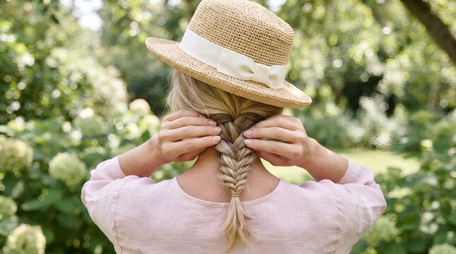 Rear view of a blonde woman wearing a straw hat with a white bow and a light pink dress, touching her neatly braided hair in a lush green summer garden.