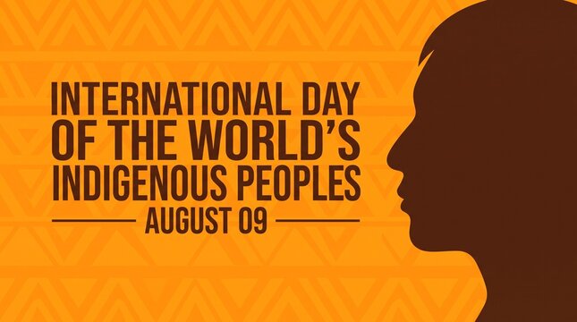 International day of the world's indigenous peoples banner with profile silhouette of a person on orange background.